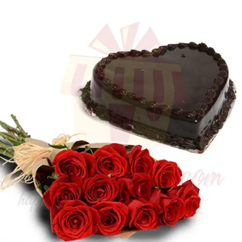 1 Dozen Red Roses With Heart Cake