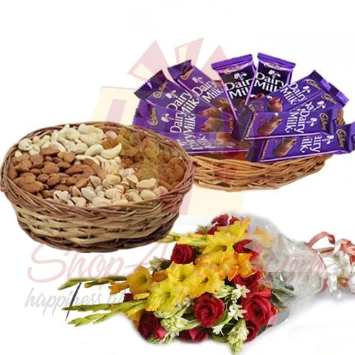 Choco Dry Fruit Basket With Flowers