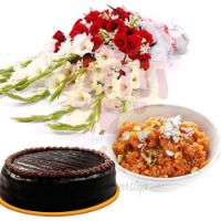 gajjar-halwa,-cake-and-flowers